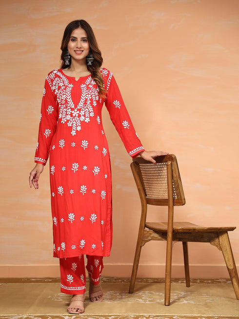 Fizaa Chikankari Long Modal Kurta Set - RED